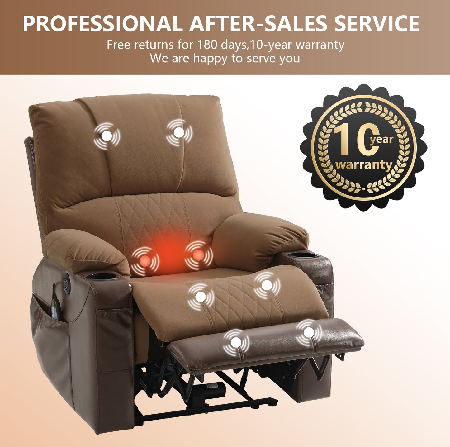 Power Recliner Chair,Massage Chair Recliner with Massage and Heating Function,Side Pocket Living Room Chair with 2 Cup Holders USB ang Type-C Ports