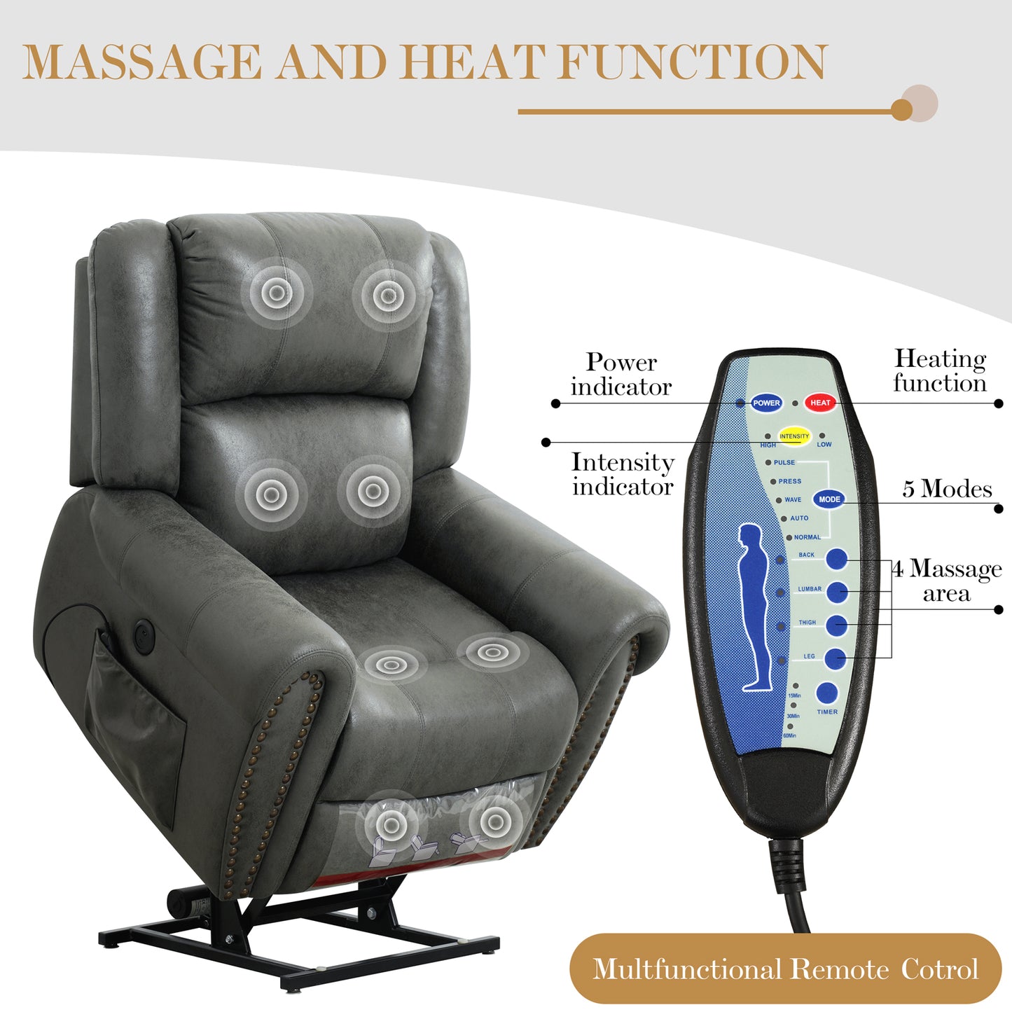 Luxury widened and thickened high-power lifting recliner with massage and heating, unlimited position, dual motor, genuine leather