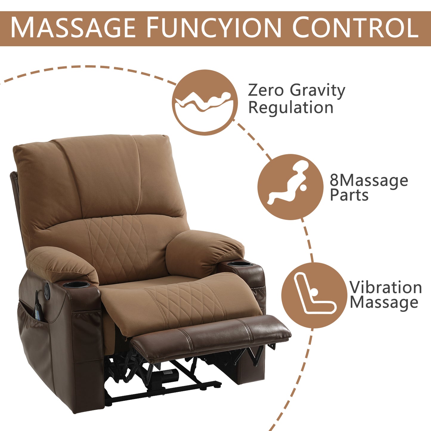 Power Recliner Chair,Massage Chair Recliner with Massage and Heating Function,Side Pocket Living Room Chair with 2 Cup Holders USB ang Type-C Ports