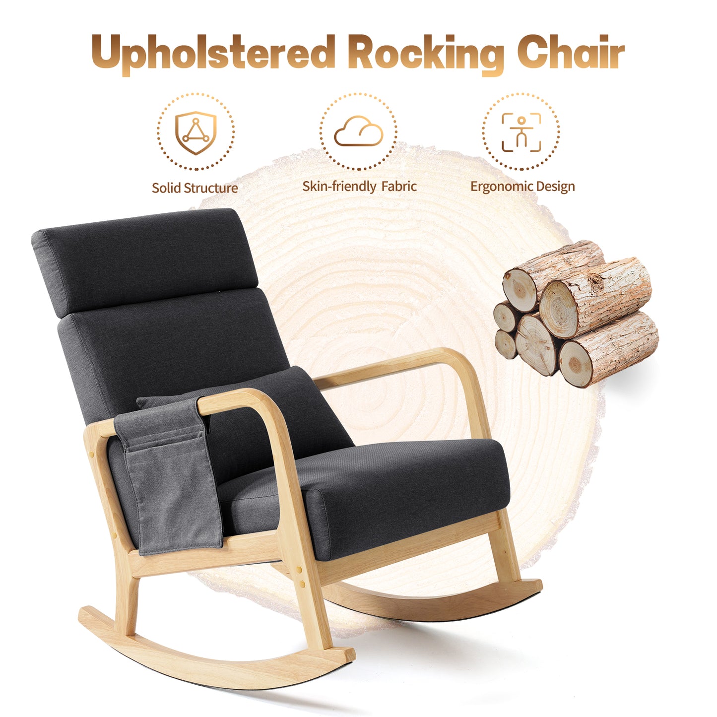 Roomy Wooden Rocking Chair Living Room for Nursery Rocking Chairs , Nursery for Nursery Chair for Baby/Kids Bedroom, Nursing Chair with High Backrest+Side Pockets