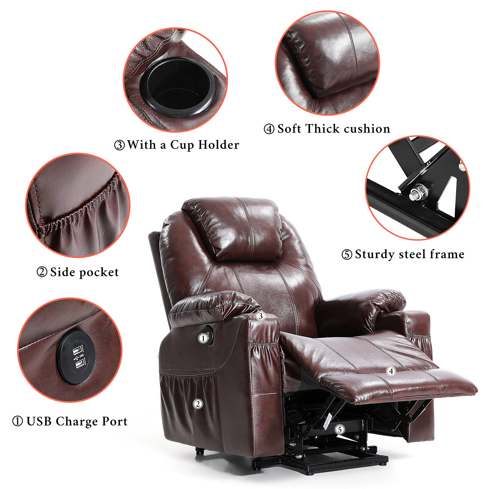 Power Lift Massage Heated Recliner Chair for Elderly Cup Holders