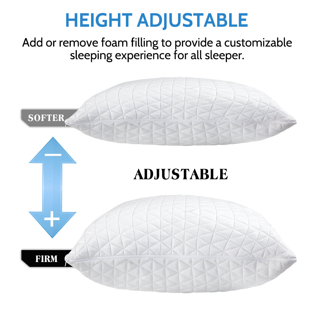 ASMILITY 2 Pack Shredded Memory Foam Bed Pillows for Sleeping Adjustable, with Removable Cooling Bamboo Derived Rayon Zipperd Cover, CertiPUR-US Certified (Queen Size, Set of 2)