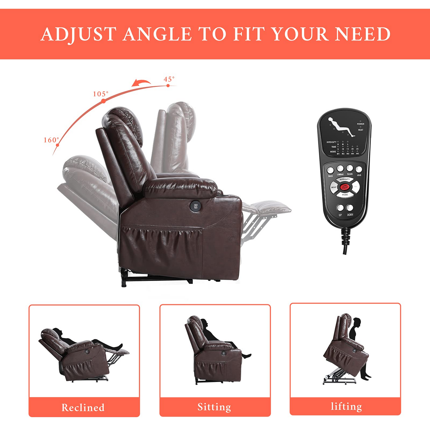 Power Lift Recliner Chair for Elderly,Massage Chair Recliner with Massage and Heating Function,160 ° tilt Ergonomic with Footrest